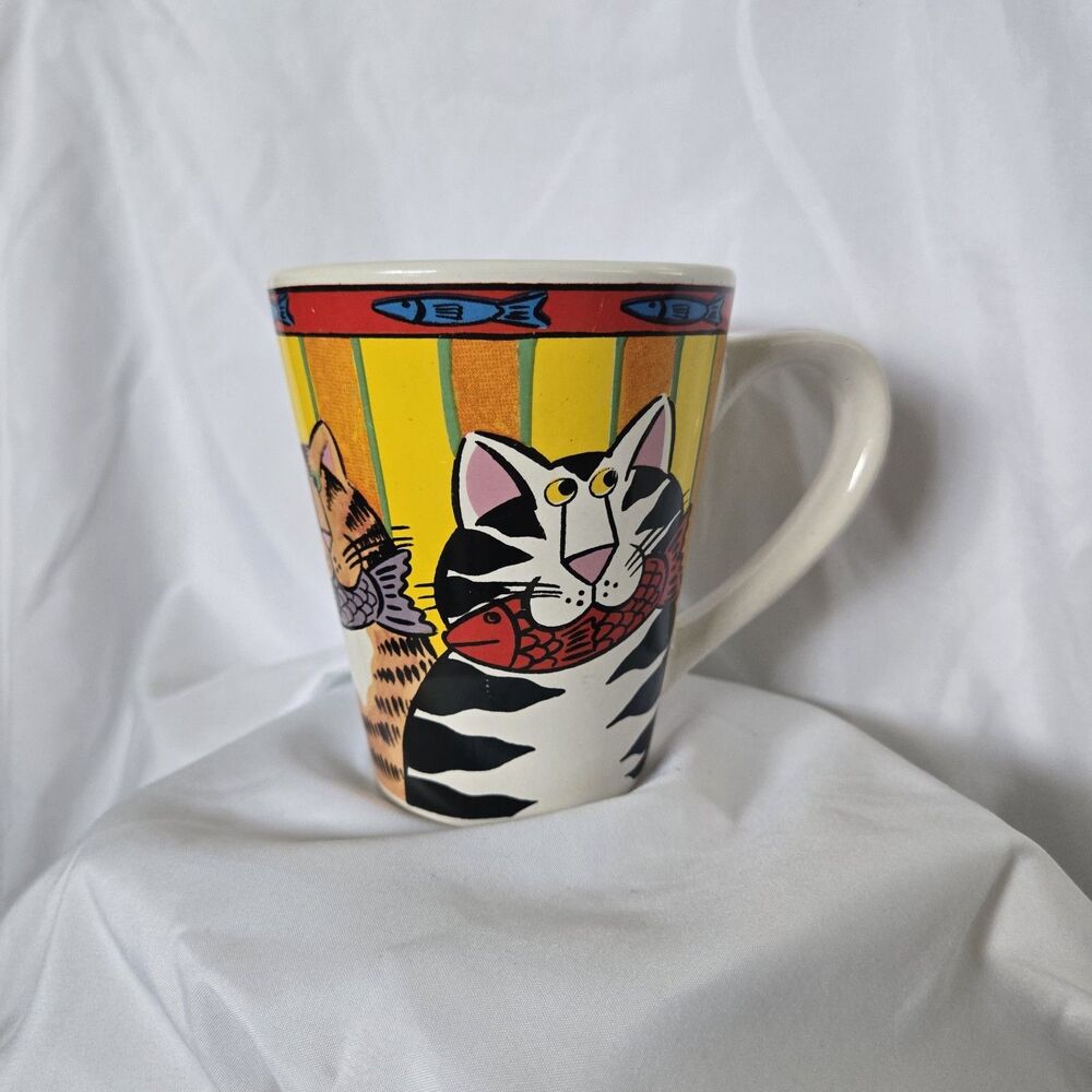 Vintage Candace Reiter Catzilia "Cats With Fish" Coffee Mug Colorful Ceramic